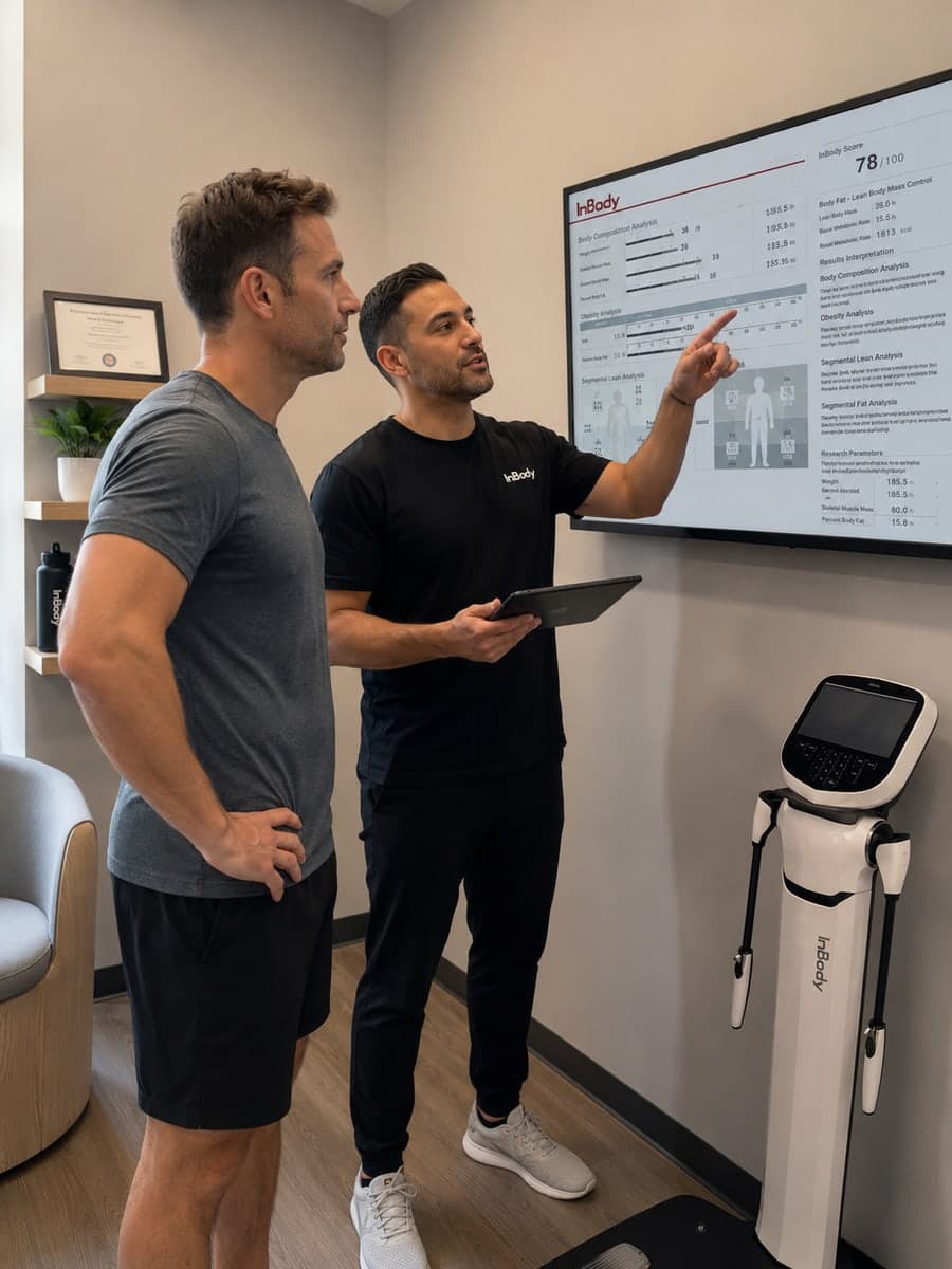 Daniel bespricht seine InBody-Körperanalyse gemeinsam mit seinem Coach am Bildschirm im Fusion Fit Club